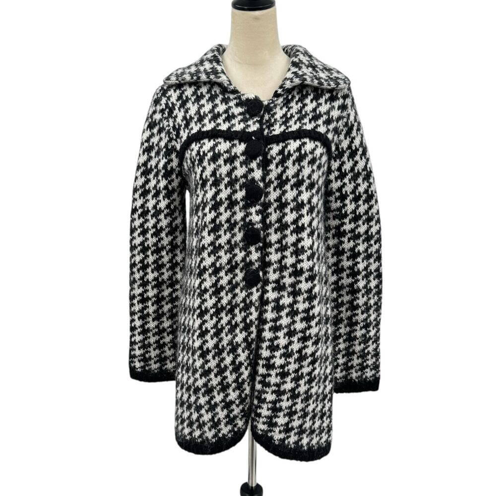 Carducci Black & White Houndstooth Wool & Mohair Blend Knit Cardigan Sweater